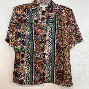 Vintage Andre Sauvage Blouse Short Sleeve Multicolor EUC Made in USA Womens Sz 8